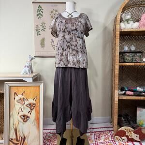 Y2k Gray Brown Crinkle Floral Lace Top Mori Kei Fairy Grunge Forest Nymphette L